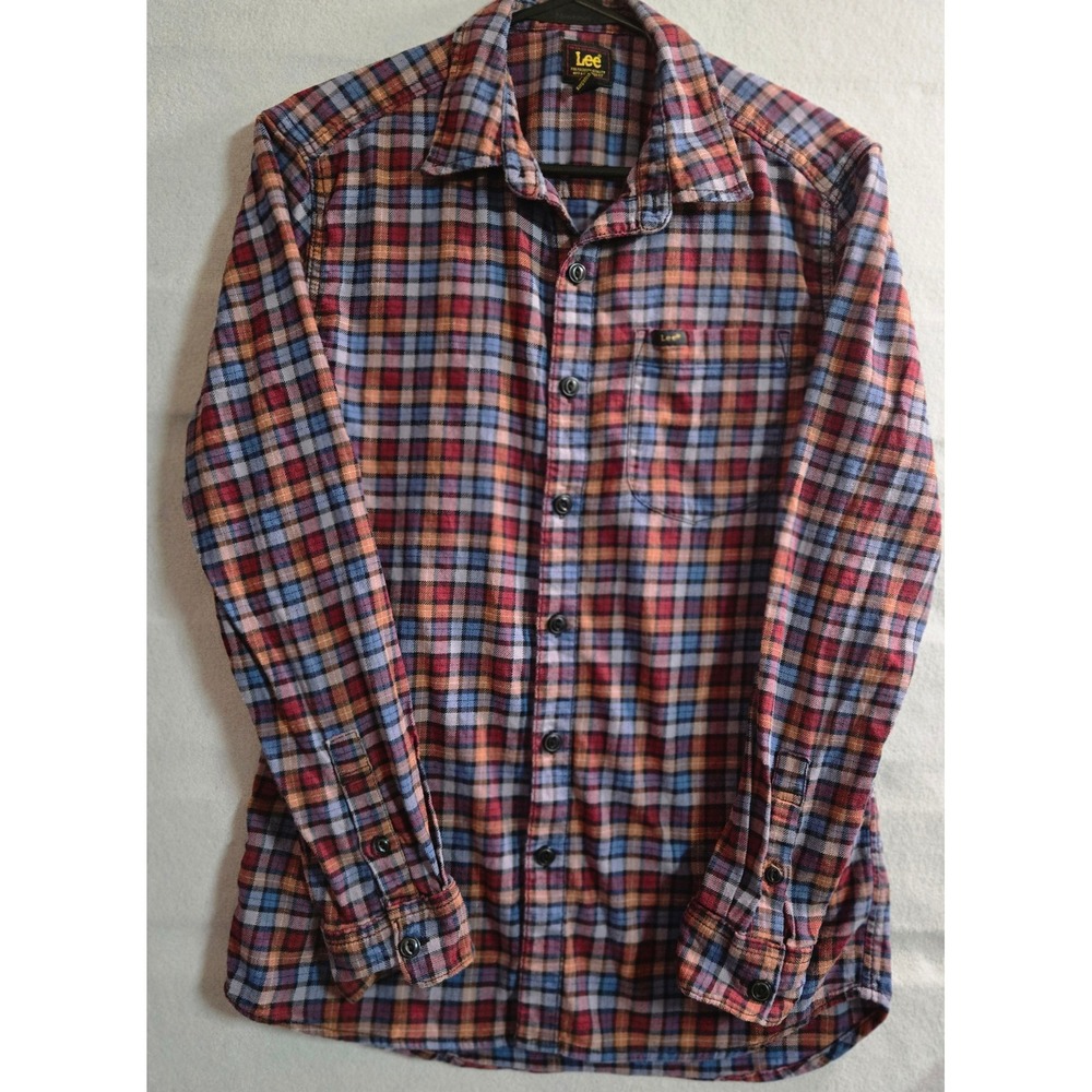 Lee Mens Plaid Flannel Button Down Shirt Medium Red Blue Orange 112339792